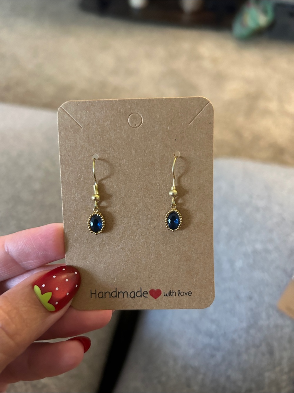 Handmade Gold-Tone Drop Earrings with Deep Blue Stones